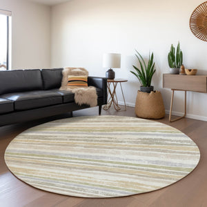 HomeRoots 8' Stylish Ivory Beige Taupe Striped Washable Round Rug - Durable, UV Protected, Easy Care & Chic Design 680022