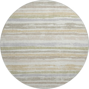 HomeRoots 8' Stylish Ivory Beige Taupe Striped Washable Round Rug - Durable, UV Protected, Easy Care & Chic Design 680022