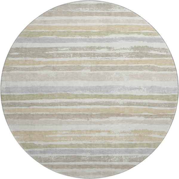 HomeRoots 8' Stylish Ivory Beige Taupe Striped Washable Round Rug - Durable, UV Protected, Easy Care & Chic Design 680022