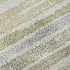 HomeRoots 8' Stylish Ivory Beige Taupe Striped Washable Round Rug - Durable, UV Protected, Easy Care & Chic Design 680022