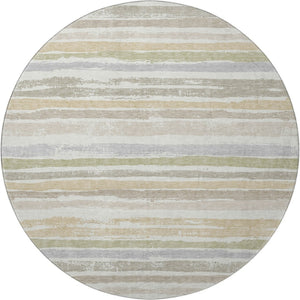 HomeRoots 8' Stylish Ivory Beige Taupe Striped Washable Round Rug - Durable, UV Protected, Easy Care & Chic Design 680022