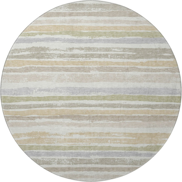 HomeRoots 8' Stylish Ivory Beige Taupe Striped Washable Round Rug - Durable, UV Protected, Easy Care & Chic Design 680022