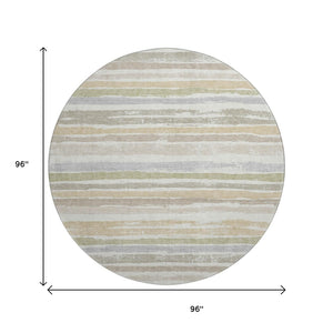 HomeRoots 8' Stylish Ivory Beige Taupe Striped Washable Round Rug - Durable, UV Protected, Easy Care & Chic Design 680022