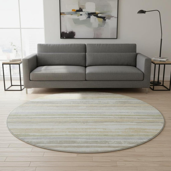 HomeRoots 8' Stylish Ivory Beige Taupe Striped Washable Round Rug - Durable, UV Protected, Easy Care & Chic Design 680022