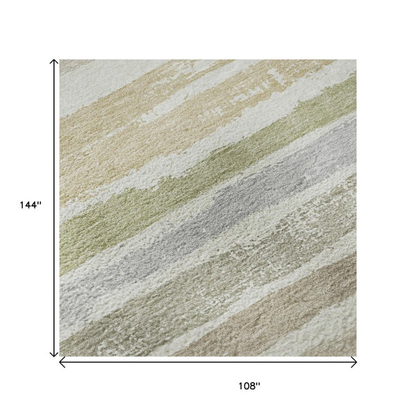 HomeRoots 9' X 12' Stylish Ivory Beige & Taupe Striped Washable Area Rug with UV Protection for Family Homes 680024