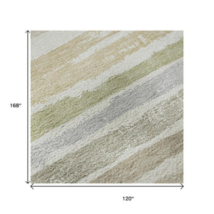 HomeRoots 10' Washable Ivory Beige & Taupe Striped Area Rug - UV Protected, Durable, Ideal for High-Traffic Spaces 680025