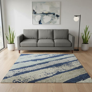 HomeRoots 5' Navy Blue, Ivory & Taupe Striped Area Rug - Washable, UV-Protected, Durable for Family Spaces 680027