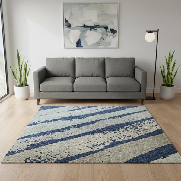 HomeRoots 5' Navy Blue, Ivory & Taupe Striped Area Rug - Washable, UV-Protected, Durable for Family Spaces 680027