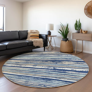 HomeRoots 8' Navy Blue Ivory Taupe Striped Round Rug – Washable, UV Protected, Stain Resistant for Any Space 680028