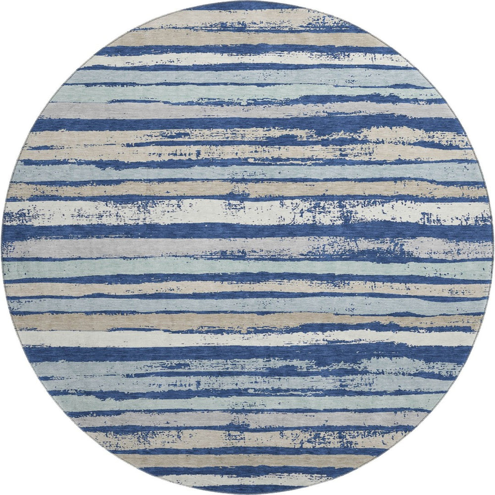 HomeRoots 8' Navy Blue Ivory Taupe Striped Round Rug – Washable, UV Protected, Stain Resistant for Any Space 680028