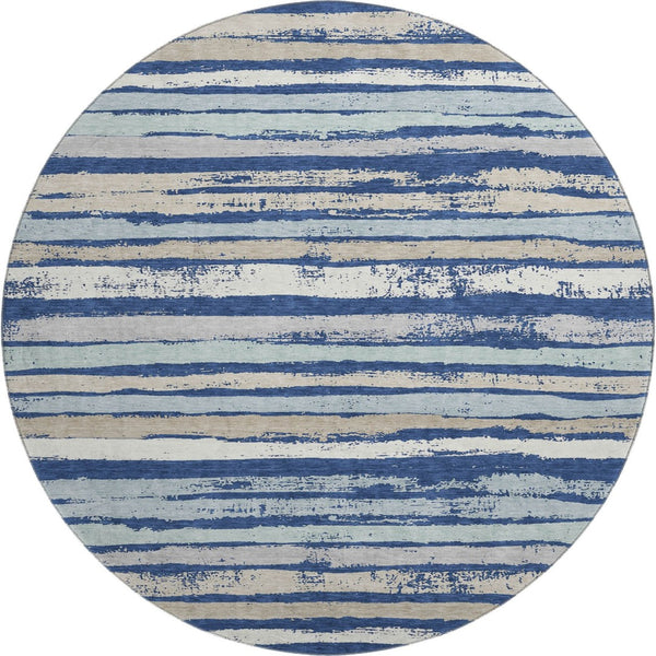 HomeRoots 8' Navy Blue Ivory Taupe Striped Round Rug – Washable, UV Protected, Stain Resistant for Any Space 680028