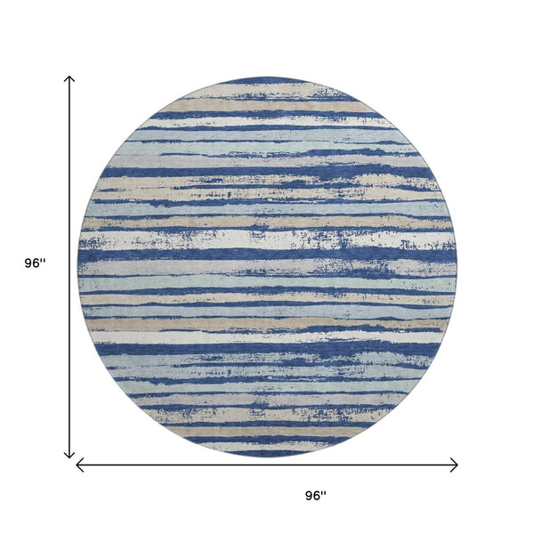 HomeRoots 8' Navy Blue Ivory Taupe Striped Round Rug – Washable, UV Protected, Stain Resistant for Any Space 680028