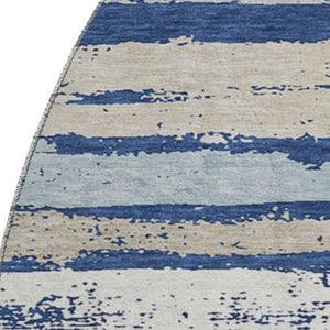 HomeRoots 8' Navy Blue Ivory Taupe Striped Round Rug – Washable, UV Protected, Stain Resistant for Any Space 680028