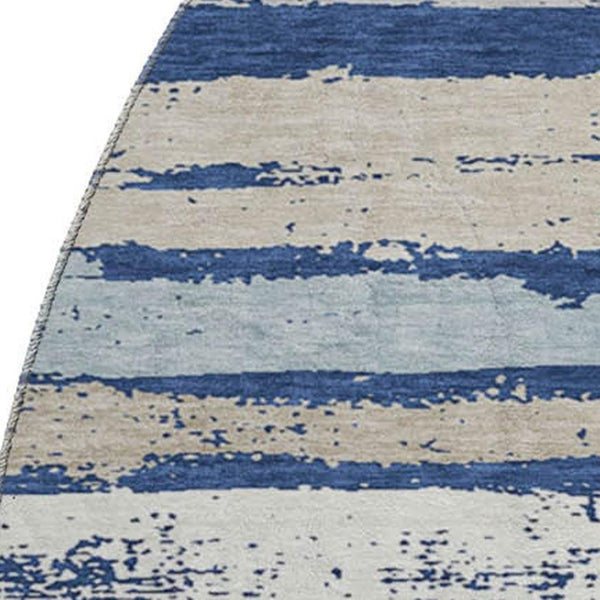 HomeRoots 8' Navy Blue Ivory Taupe Striped Round Rug – Washable, UV Protected, Stain Resistant for Any Space 680028