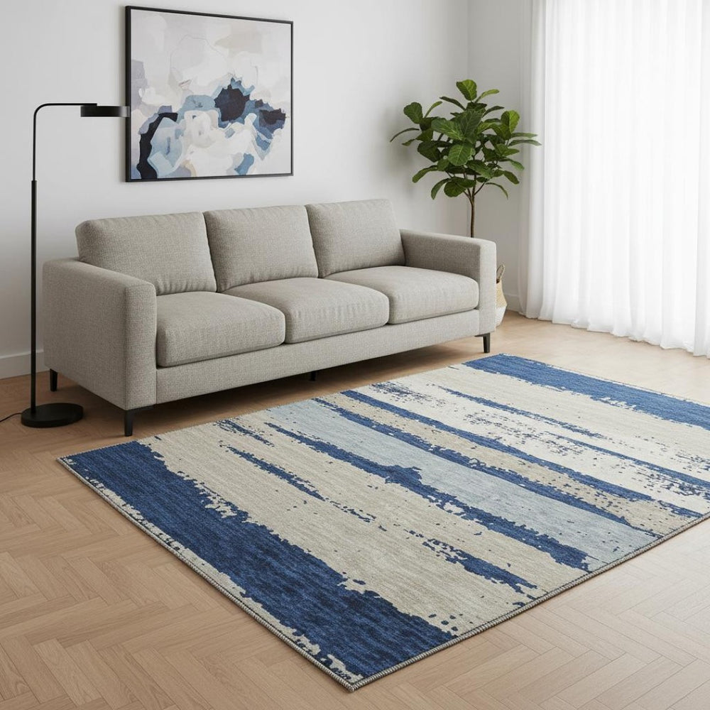 HomeRoots 8' Navy Blue Ivory Taupe Striped Round Rug – Washable, UV Protected, Stain Resistant for Any Space 680028