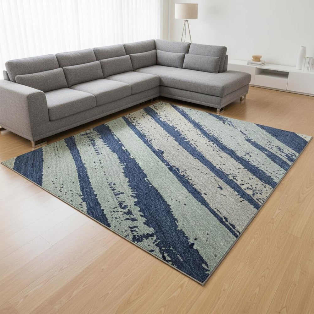 HomeRoots 8' X 10' Stylish Navy Blue, Ivory & Taupe Striped Washable Area Rug with UV Protection for Homes 680029