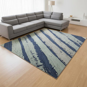 HomeRoots 8' X 10' Stylish Navy Blue, Ivory & Taupe Striped Washable Area Rug with UV Protection for Homes 680029