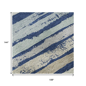 HomeRoots 9' X 12' Stylish Navy Blue, Ivory & Taupe Striped Area Rug - Washable, UV Protected, Pet Friendly 680030
