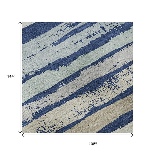 HomeRoots 9' X 12' Stylish Navy Blue, Ivory & Taupe Striped Area Rug - Washable, UV Protected, Pet Friendly 680030