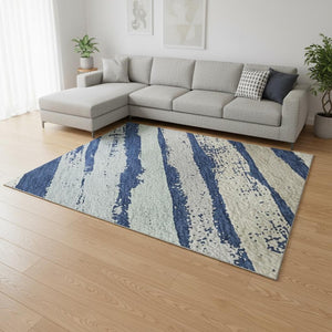 HomeRoots 9' X 12' Stylish Navy Blue, Ivory & Taupe Striped Area Rug - Washable, UV Protected, Pet Friendly 680030