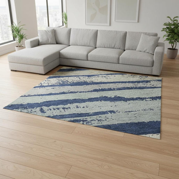 HomeRoots 10' X 14' Stylish Navy, Ivory & Taupe Striped Washable Area Rug with UV Protection for Any Space 680031