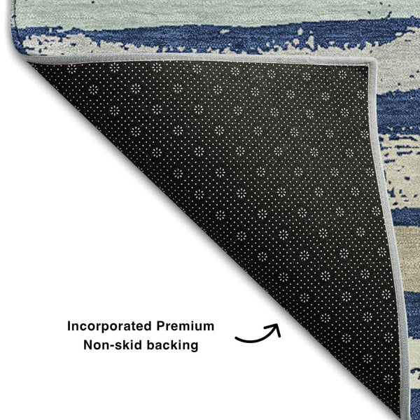 HomeRoots 10' X 14' Stylish Navy, Ivory & Taupe Striped Washable Area Rug with UV Protection for Any Space 680031
