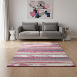 HomeRoots 5' X 8' Washable Pink, Beige & Blue Striped Area Rug - UV Protected, Durable & Easy Care Essential! 680033