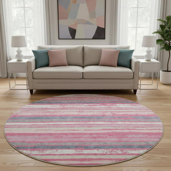 HomeRoots 8' Pink Beige and Blue Striped Washable Round Rug - UV Protected, Durable, Perfect for Kids & Pets! 680034