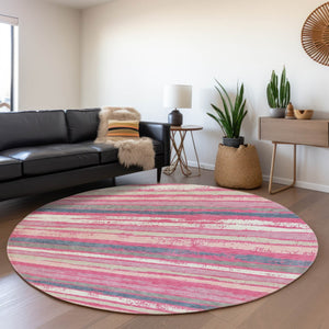 HomeRoots 8' Pink Beige and Blue Striped Washable Round Rug - UV Protected, Durable, Perfect for Kids & Pets! 680034
