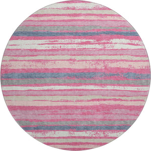 HomeRoots 8' Pink Beige and Blue Striped Washable Round Rug - UV Protected, Durable, Perfect for Kids & Pets! 680034