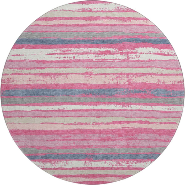 HomeRoots 8' Pink Beige and Blue Striped Washable Round Rug - UV Protected, Durable, Perfect for Kids & Pets! 680034