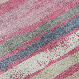 HomeRoots 8' Pink Beige and Blue Striped Washable Round Rug - UV Protected, Durable, Perfect for Kids & Pets! 680034