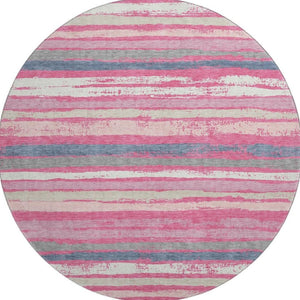 HomeRoots 8' Pink Beige and Blue Striped Washable Round Rug - UV Protected, Durable, Perfect for Kids & Pets! 680034
