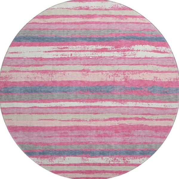 HomeRoots 8' Pink Beige and Blue Striped Washable Round Rug - UV Protected, Durable, Perfect for Kids & Pets! 680034