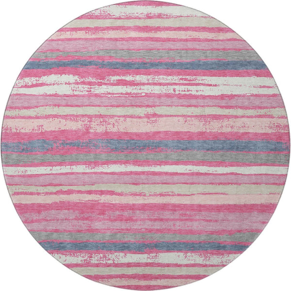 HomeRoots 8' Pink Beige and Blue Striped Washable Round Rug - UV Protected, Durable, Perfect for Kids & Pets! 680034