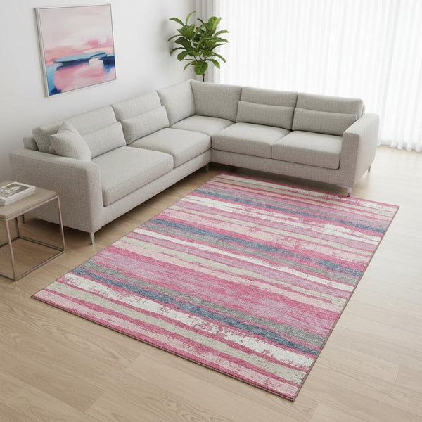HomeRoots 8' X 10' Stylish Pink Beige and Blue Striped Washable Area Rug With UV Protection for Family Homes 680035