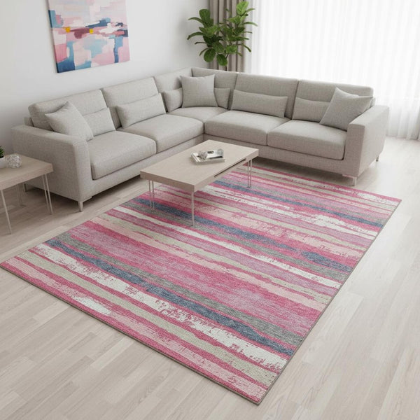 HomeRoots 9' X 12' Striped Washable Area Rug in Pink, Beige & Blue – UV Protected, Pet-Friendly Design! 680036