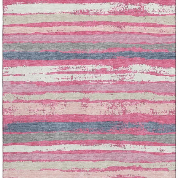 HomeRoots 9' X 12' Striped Washable Area Rug in Pink, Beige & Blue – UV Protected, Pet-Friendly Design! 680036
