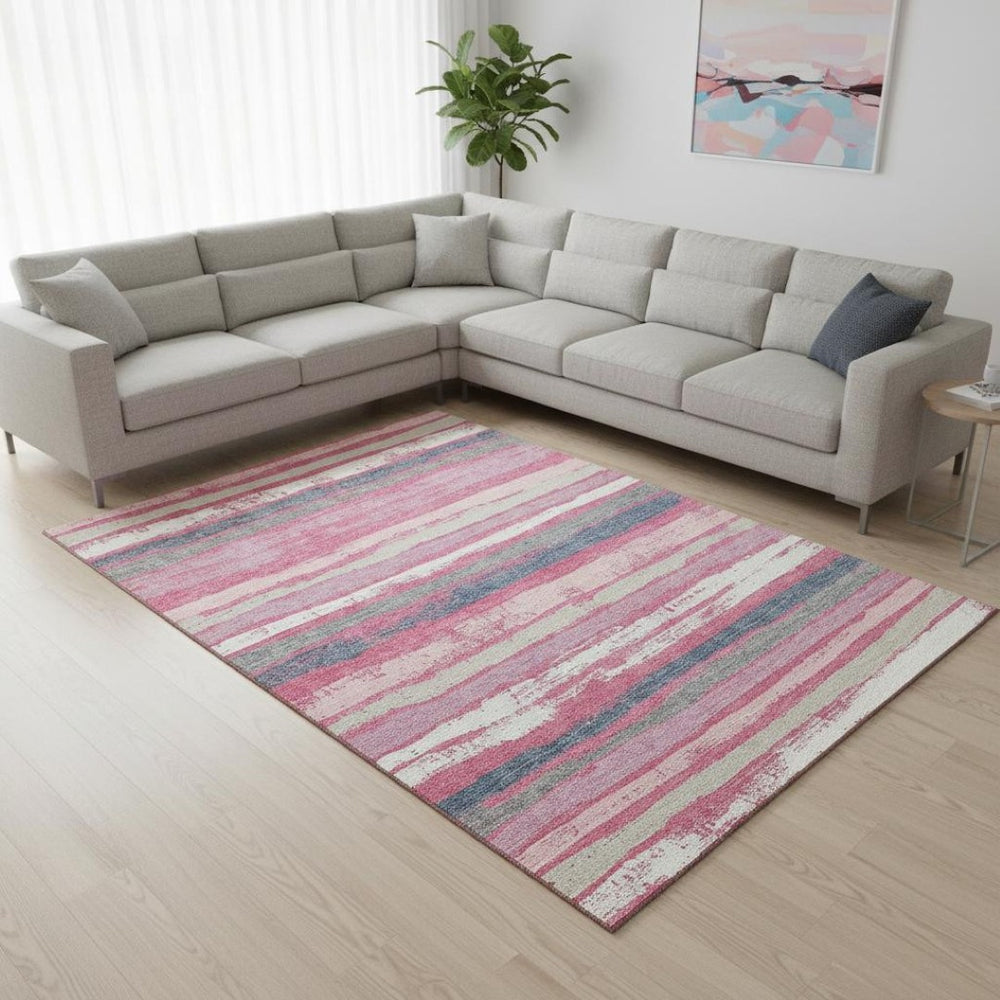 HomeRoots 10' Striped Washable Area Rug - Pink, Beige & Blue with UV Protection for Indoor & Outdoor Spaces 680037
