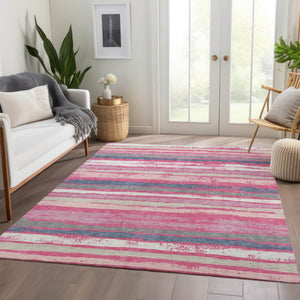 HomeRoots 10' Striped Washable Area Rug - Pink, Beige & Blue with UV Protection for Indoor & Outdoor Spaces 680037