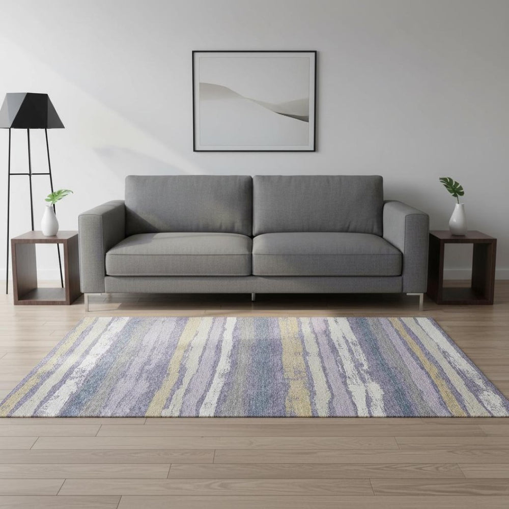 HomeRoots 5' X 8' Striped Area Rug in Purple, Gold & Ivory - Washable, UV-Protected, Perfect for High-Traffic Areas 680039