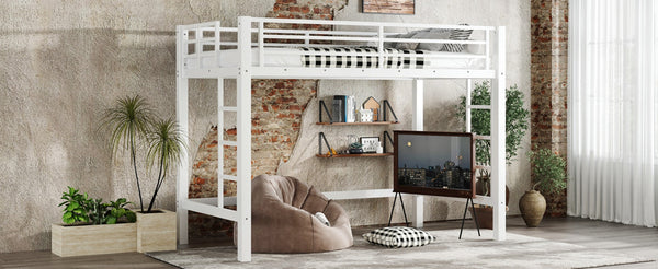 English Elm Twin Xl White Iron Loft Bed with Guardrails and Ladder for Dorm or Teen Room W1580P435706