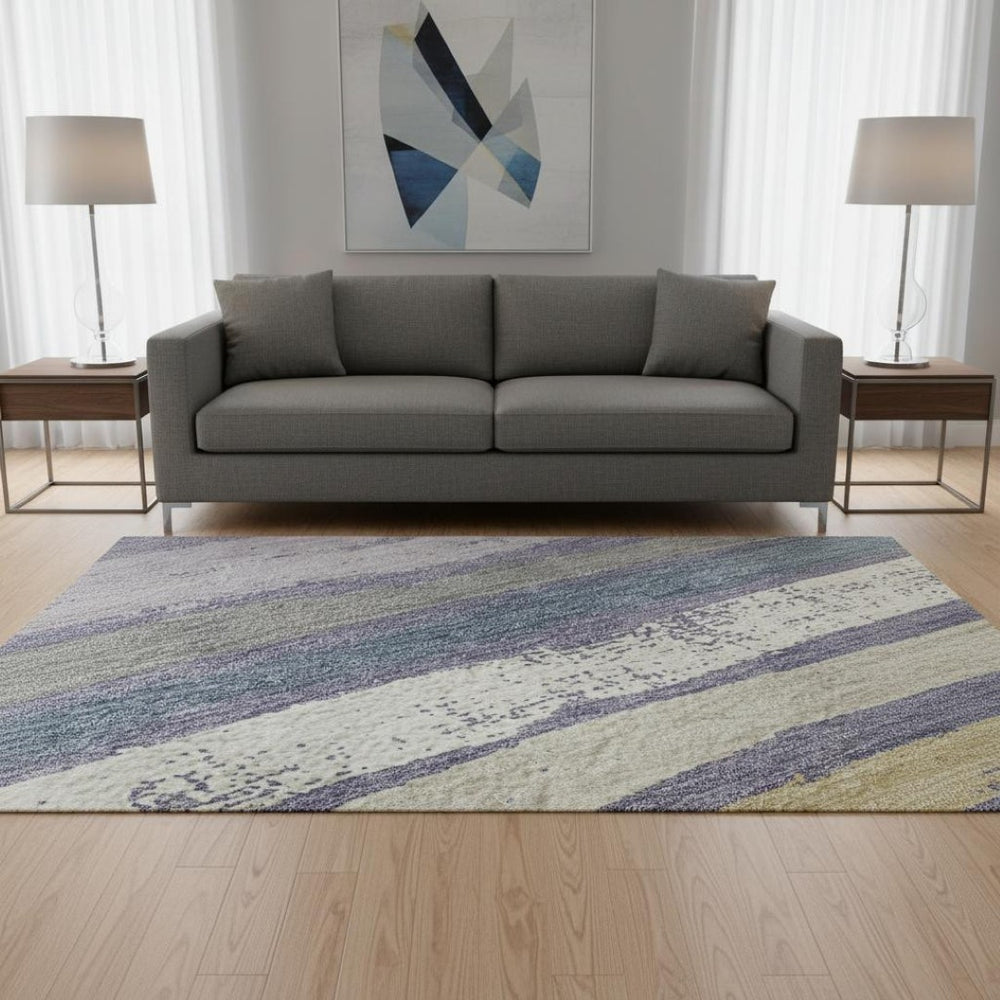 HomeRoots 8' Striped Washable Round Rug in Purple, Gold & Ivory - UV Protected, Stain Resistant, Soft & Durable! 680040