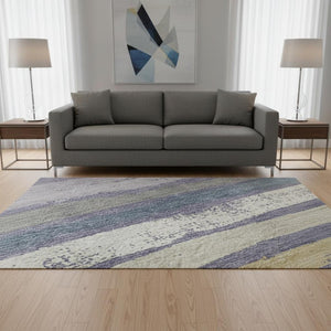 HomeRoots 8' Striped Washable Round Rug in Purple, Gold & Ivory - UV Protected, Stain Resistant, Soft & Durable! 680040