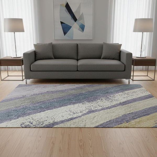 HomeRoots 8' Striped Washable Round Rug in Purple, Gold & Ivory - UV Protected, Stain Resistant, Soft & Durable! 680040