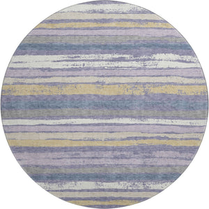 HomeRoots 8' Striped Washable Round Rug in Purple, Gold & Ivory - UV Protected, Stain Resistant, Soft & Durable! 680040