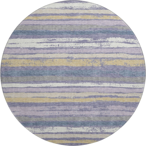 HomeRoots 8' Striped Washable Round Rug in Purple, Gold & Ivory - UV Protected, Stain Resistant, Soft & Durable! 680040