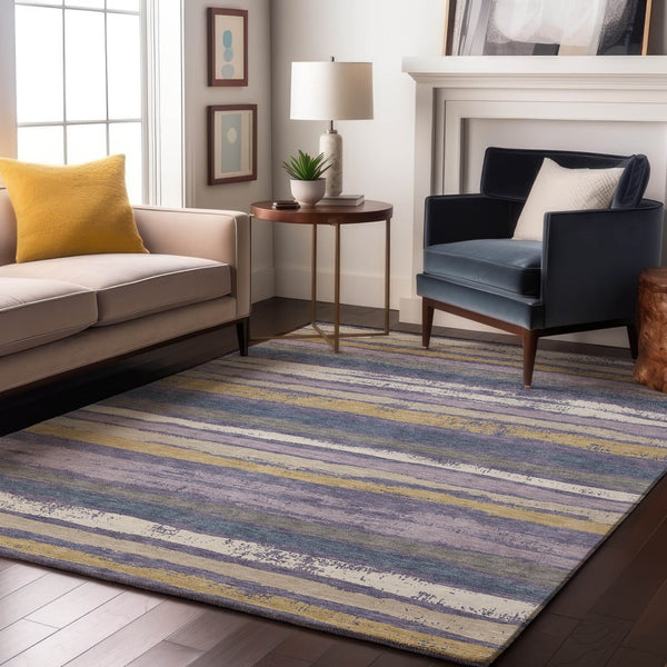HomeRoots 8' X 10' Striped Washable Area Rug in Purple, Gold & Ivory - UV Protected, Durable & Stylish Design 680041