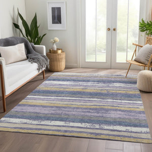 HomeRoots 8' X 10' Striped Washable Area Rug in Purple, Gold & Ivory - UV Protected, Durable & Stylish Design 680041