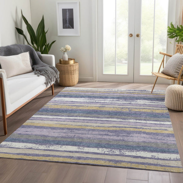 HomeRoots 8' X 10' Striped Washable Area Rug in Purple, Gold & Ivory - UV Protected, Durable & Stylish Design 680041